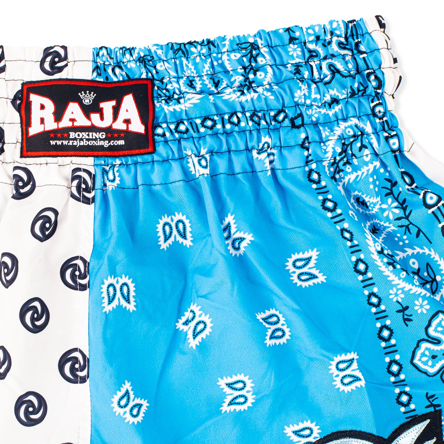 RAJA MUAY THAI SHORTS PAISLEY WHITE & LIGHT BLUE
