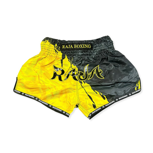 RAJA MUAY THAI SHORTS RK-4 – YELLOW & BLACK SPLIT