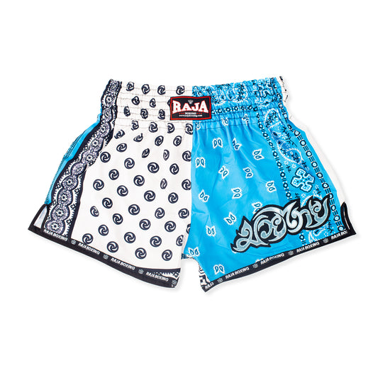 RAJA MUAY THAI SHORTS PAISLEY WHITE & LIGHT BLUE